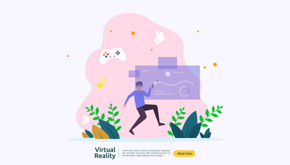 Virtual augmented reality. people character touching VR interface and wearing goggle playing games, education, entertaining, learning. template banner, presentation, promotion poster or print media.