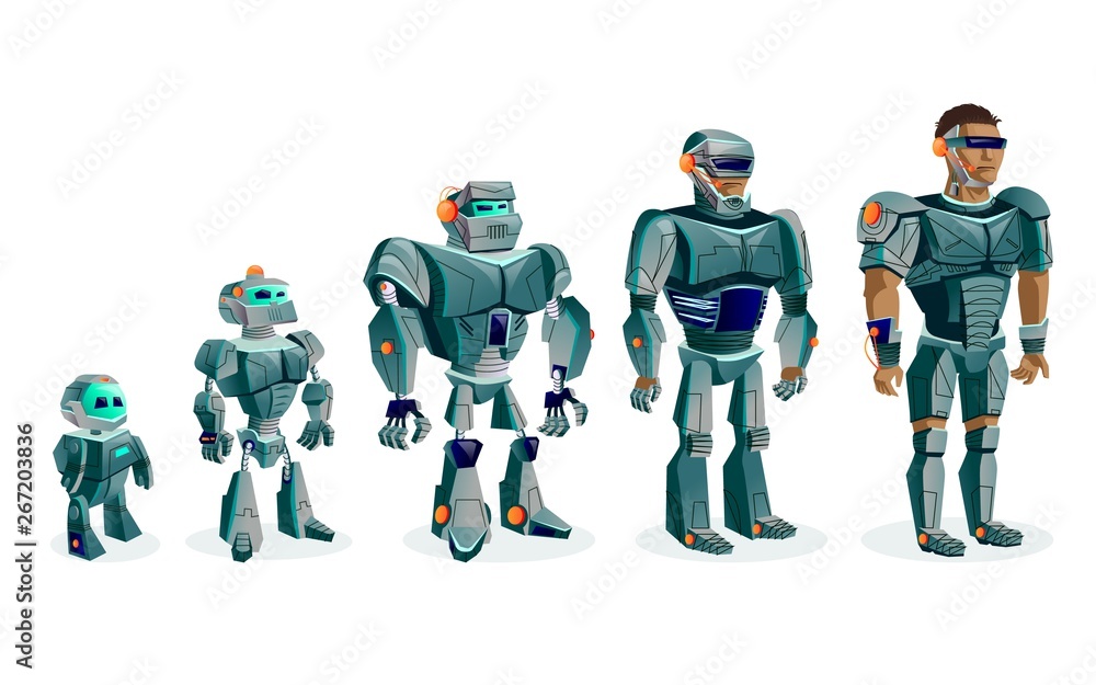 Poster evolution of robots, artificial intelligence technological progress, cartoon vector illustration iso