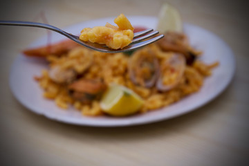 Fideua of seafood, clams, prawns and mussels
