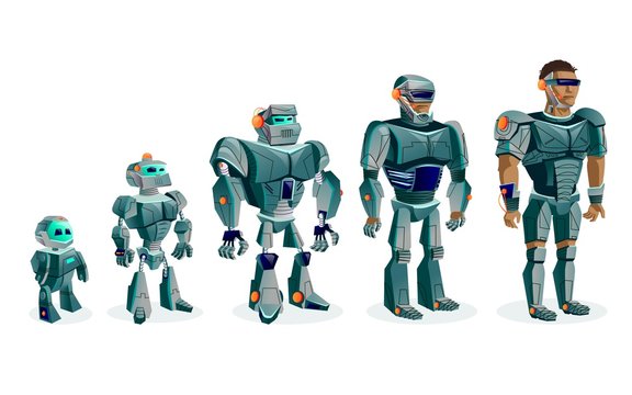 Evolution of robots, artificial intelligence technological progress, cartoon vector illustration isolated on white background. Development of robots from primitive droid to humanoid cyber, exoskeleton