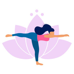 Woman practicing yoga warrior virabhadrasana 3 pose. Yoga exercise on lotus background. Vector flat style illustration.
