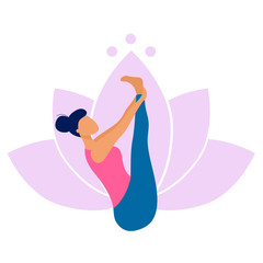 Vector illustration of woman practicing yoga. She doing urdhva mukha paschimottanasana pose. Yoga exercise on lotus background.