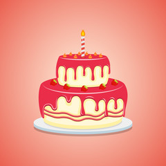 Delicious cake with creamy, strawberry flat style. Vector illustration icon isolated on white background.