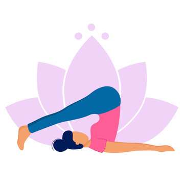 Woman practicing yoga. She doing halasana pose. Yoga exercise on lotus background. Vector flat style illustration.