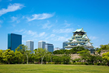 Obraz premium Maj 2019: Świeży zielony zamek i budynki w Osace