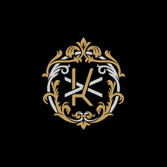 Initial letter X and K, XK, KX, decorative ornament emblem badge, overlapping monogram logo, elegant luxury silver gold color on black background