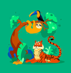 Tropical jungle print with animals.