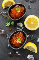 Red caviar in bowls