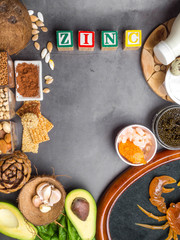 Ingredients or products containing zinc and dietary fiber, natural sources of minerals, healthy lifestyle, copy space