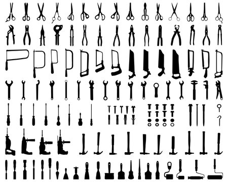 Set of black silhouettes of tools on a white background
