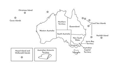 Vector isolated illustration of simplified administrative map of Australia. Borders and names of the regions. Black line silhouettes