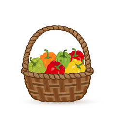 Harvest juicy peppers in a wicker basket. Isolated on white background Vector illustration