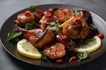Grilled chicken legs with spices, parsley, garlic and lemon. Barbecue chicken concept 