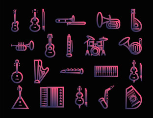 Fototapeta na wymiar musical instruments set of icons. vector illustration on black background