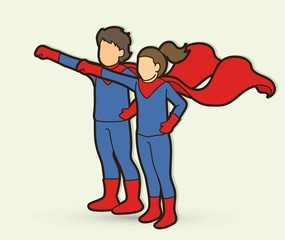 Little Super Hero Boy and Girl standing together with costume cartoon graphic vector.
