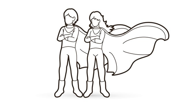 Super Hero Man and Woman standing together with costume cartoon graphic vector.