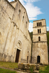 Fototapeta na wymiar Facade and bell tower of the ancient Abbey of San Liberatore a Majella in Abruzzo (Italy)