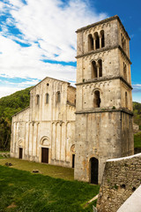 Fototapeta na wymiar Facade and bell tower of the ancient Abbey of San Liberatore a Majella in Abruzzo (Italy)