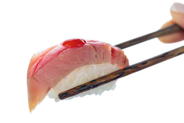Japanese sushi with Edo tuna on sticks isolated on white background. Healthy diet.