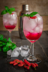 Fresh Ice Mulberry Soda drink on the wood table there are Mulberry, Leaves, Ice, cocktail shaker and same object placed around.