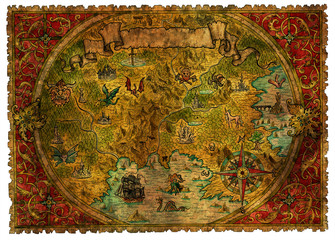 Ancient pirate map of treasures with dragons