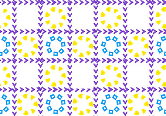 Abstract background of flowers in a cage. Petals from the shapes of squares and hearts. Grid is checkmarks. White background. For wallpaper, wrappers, tablecloths, textiles