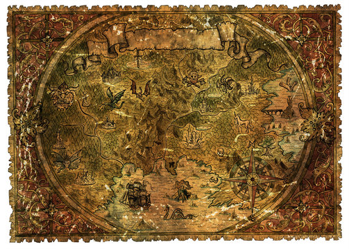 Pirate map of fantasy lands with dragons and mermaids