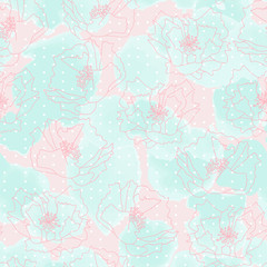 Poppy flowers on abstract watercolor splashes background. Floral vector seamless pattern with hand drawn  flowers.
