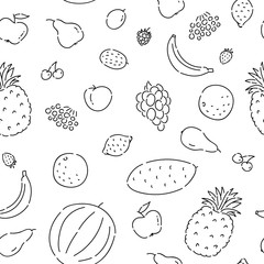 Pattern seamless fruits line doodle. Plant vegetarian diet foods vector sketch black isolated illustration on white background.