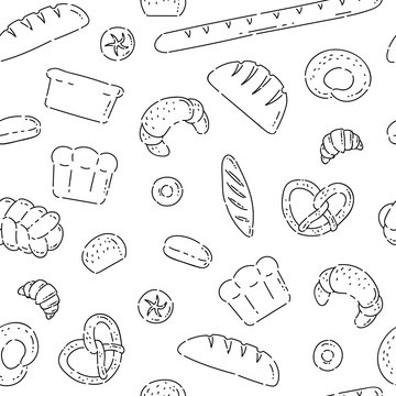 Pattern seamless bakery products bread line doodle icons. Different baked goods vector sketch black isolated illustration on white background.