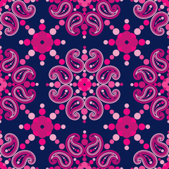Fototapeta na wymiar Paisley ornament. Polka dot. Ethnic boho seamless pattern. Ikat. Traditional ornament. Folk motif. Can be used for wallpaper, textile, invitation card, wrapping, web page background.