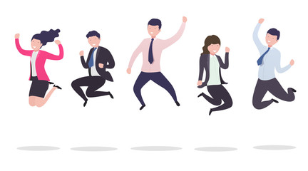 Business people in a jump. A group of successful happy businessmen jumping from happiness celebrating success, victory.