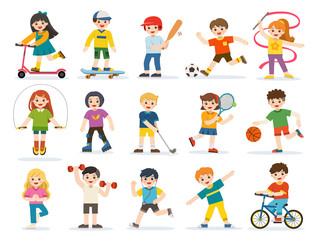 Activity set of Happy kids playing sportive and enjoying different sports exercises. Kids playing sport including basketball, athletic, tennis, bicycle, skate rolling etc.