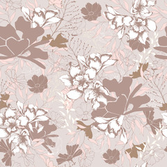 Floral vintage texture for fabric. Ornament of flowers and leaves on a brown background. Elegant natural ornament. Vintage texture for decoration of fabric, tile and paper and wallpaper on the wall.