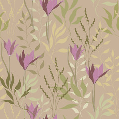 Floral vintage texture for fabric. Ornament of flowers and leaves on a brown background. Elegant natural ornament. Vintage texture for tile