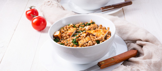 Kaszotto- polish food from buckwheat  with grilled chicken