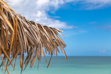 Fototapeta na wymiar Part of a parasol on an Antiguan beach with a turquoise sea behind