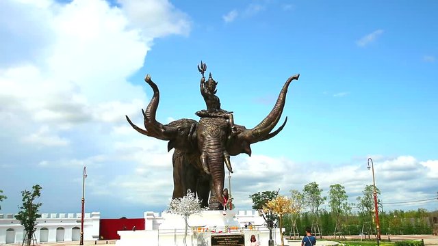 Monument of Indra, riding three elephants named Erawan cloud moving time lapse