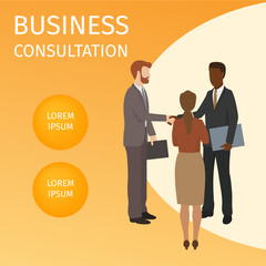 Business consultation banner vector illustration. Finance, strategic management, investment, natural resources, teamwork, great idea. Two men shaking hands and greeting each other.