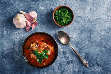 Kharcho soup - national Georgian cuisine dish with beef, rice, garlic and tkemali sauce. Traditional authentic Caucasian food. Copy space for text