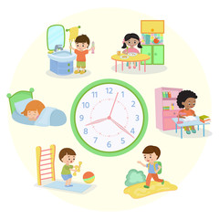 Children schedule banner vector illustration. Daily routine. Set of kids activities, child waking up, sleeping, brushing teeth, eating, going to school, learning, doing exercises.