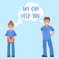 Medical help banner vector illustration. Young woman and man doctor smiling and getting ready to help. Nurse or medical assistant with folder. Male character with phonendoscope