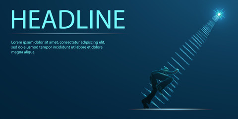 Reaching the Stars. Businessman steps onto ladder pointing to the star. Banner. Abstract image of a starry sky or space, consisting of points, lines, n the form of stars. Low poly vector