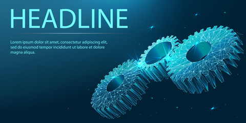 Gears. Mechanical technology machine engineering symbol. Banner. Abstract image of a starry sky or space, consisting of points, lines, n the form of stars and the universe. Low poly vector