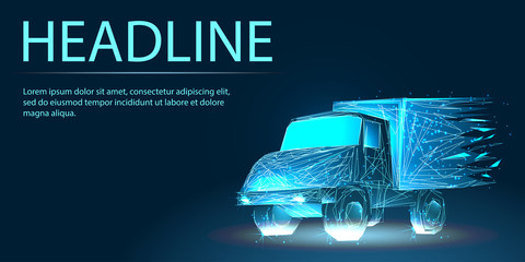 Fast delivery truck, Banner. Abstract image of a starry sky or space, consisting of points, lines, n the form of stars and the universe. Low poly vector © Irina Shi