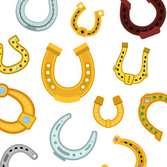 Horseshoes seamless pattern vector illustration. Icons of old and new vintage horseshoe for equestrian sport or lucky concept design element. Different design, material and shape