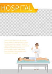 Hospital health care banner. Doctor or nurse standing with syringe and going to do injection to patient, drop-bottle woman in hospital room vector illustration. Person on daybed.