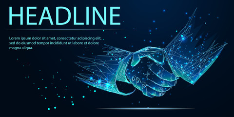 Business handshake Low poly wireframe style. Vector, Banner. Abstract image of a starry sky or space, consisting of points, lines, n the form of stars and the universe. Low poly vector