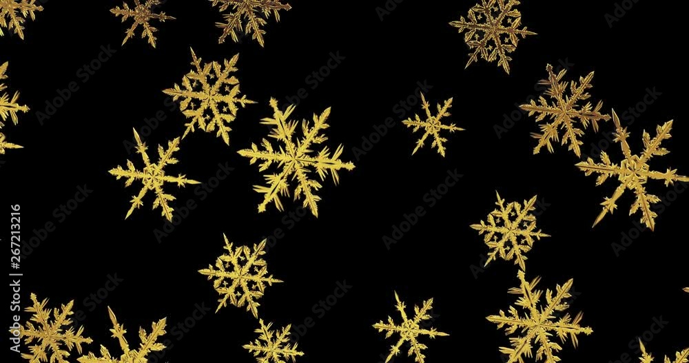 Poster golden snowflakes on a black background, 3d render. seamless loop.