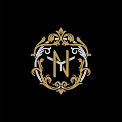 Initial letter Y and N, YN, NY, decorative ornament emblem badge, overlapping monogram logo, elegant luxury silver gold color on black background - obrazy, fototapety, plakaty